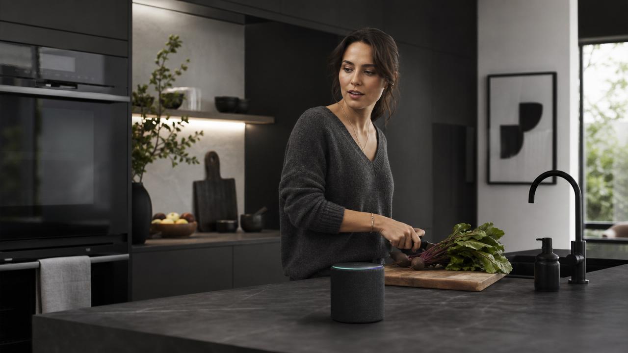 Mulher na cozinha falando um comando de voz para um assistente inteligente na bancada