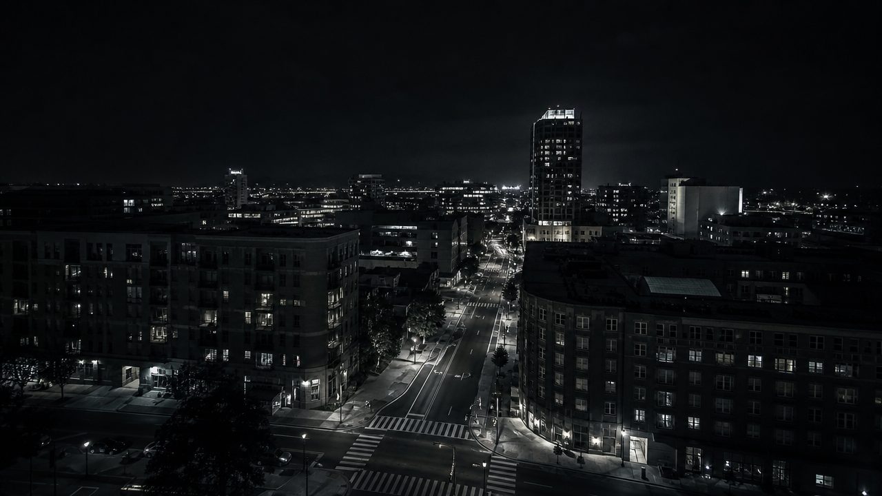 Vista aérea noturna de um cruzamento urbano com poucos pontos de luz, cidade ainda majoritariamente escura