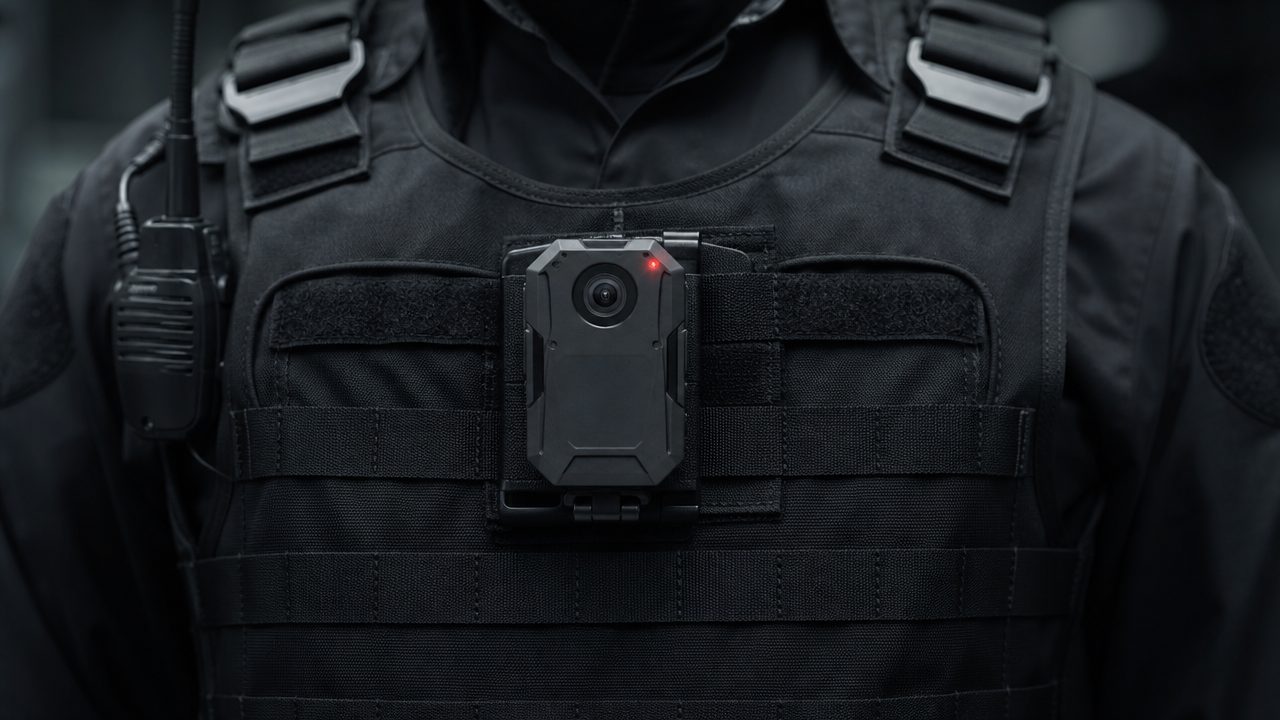 Câmera corporal (bodycam) em operação, gravando com indicador ativo