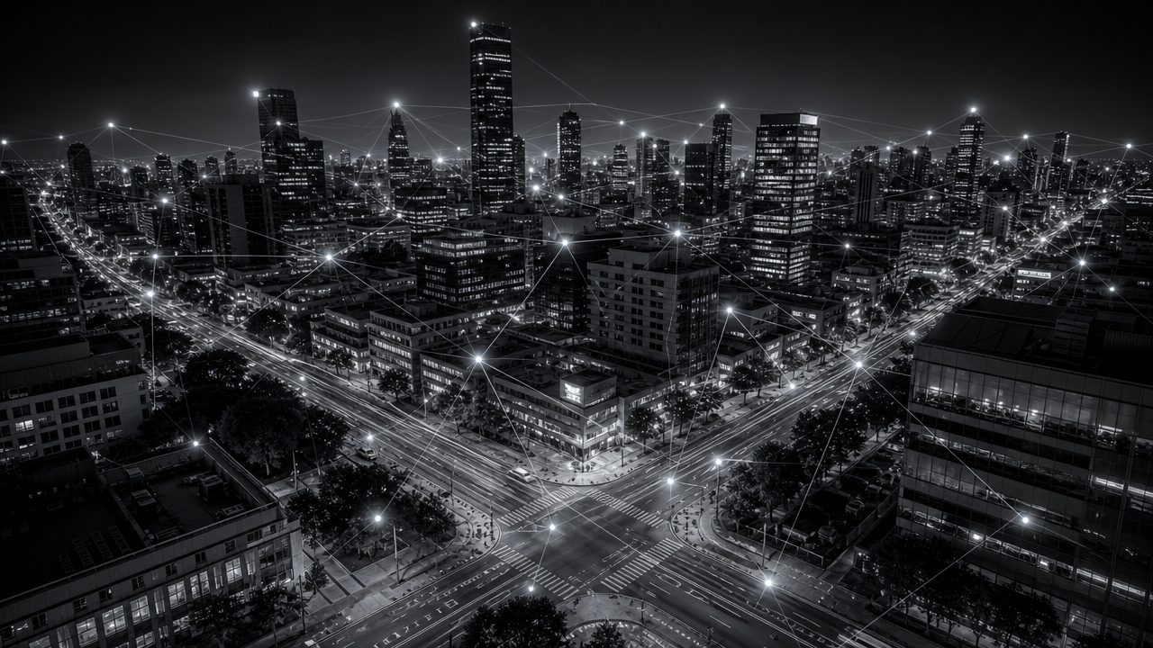 Vista de cidade conectada por rede de sensores e câmeras de monitoramento